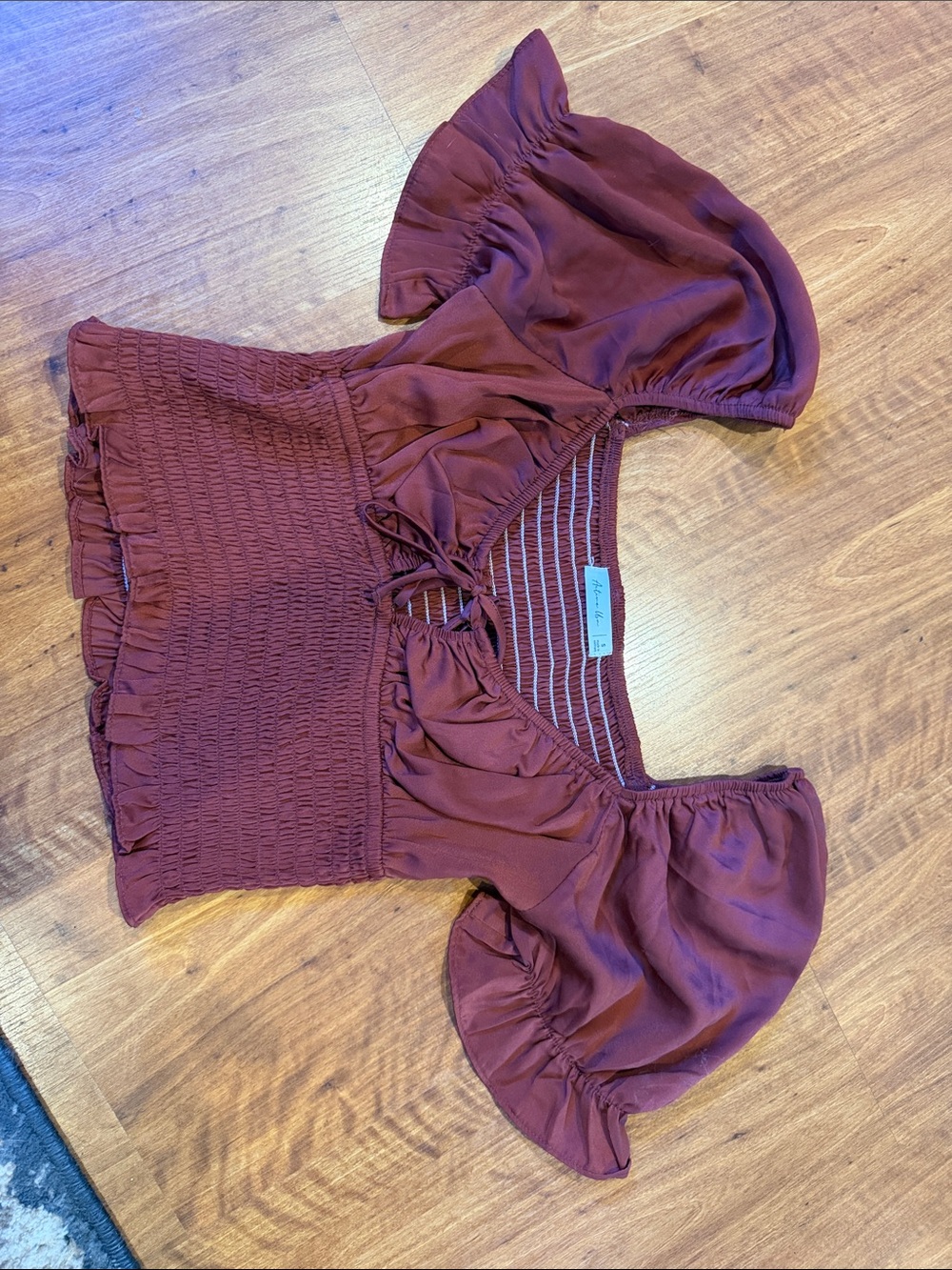 Active USA Burgundy Puff Sleeve Smocked Crop Top